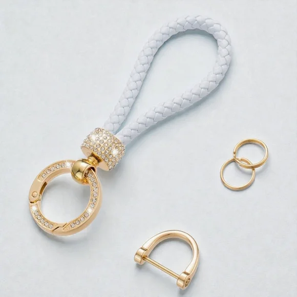 MUGVOLAX Crystal Braided White Leather Car Key Fob Chain Gold Zinc Alloy Purse - Picture 3 of 3